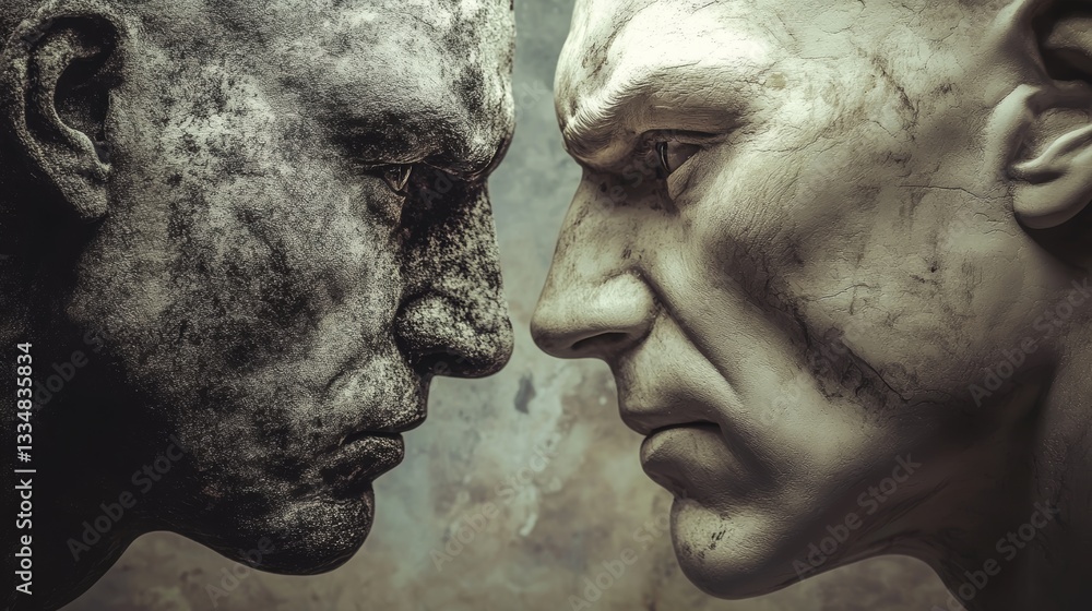 Poster intense studio shot showcasing two contrasting face sculptures in profile, one dark and textured, th