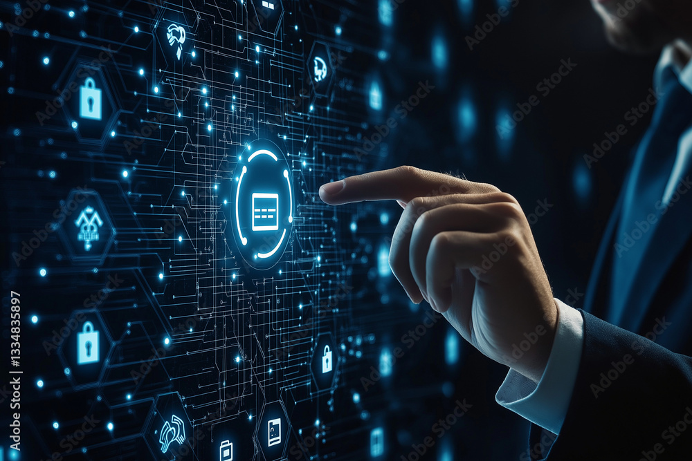 Aufkleber businessman touching icon and utilizing advanced access management systems to enhance security proto