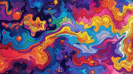 Intense vibrant abstract background featuring flowing organic shapes and a rich color palette of blue, purple, pink, orange, yellow, red and green, creating a dynamic and modern visual texture