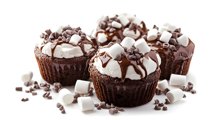 Four chocolate cupcakes with marshmallows on top. The cupcakes are covered in chocolate and have a white frosting. The marshmallows are scattered around the cupcakes, adding a touch of sweetness