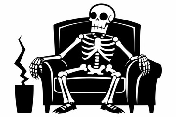 skeleton sitting on a armchair line art silhouette vector illustration