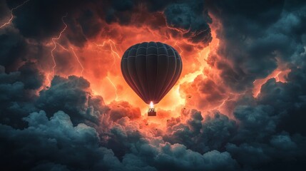 Accident in the sky concept A hot air balloon ascends amidst dramatic clouds and fiery colors in a striking sky.