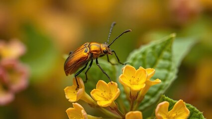 Delicate golden bronze beetle landing on viburnum, soft, gentle, landing