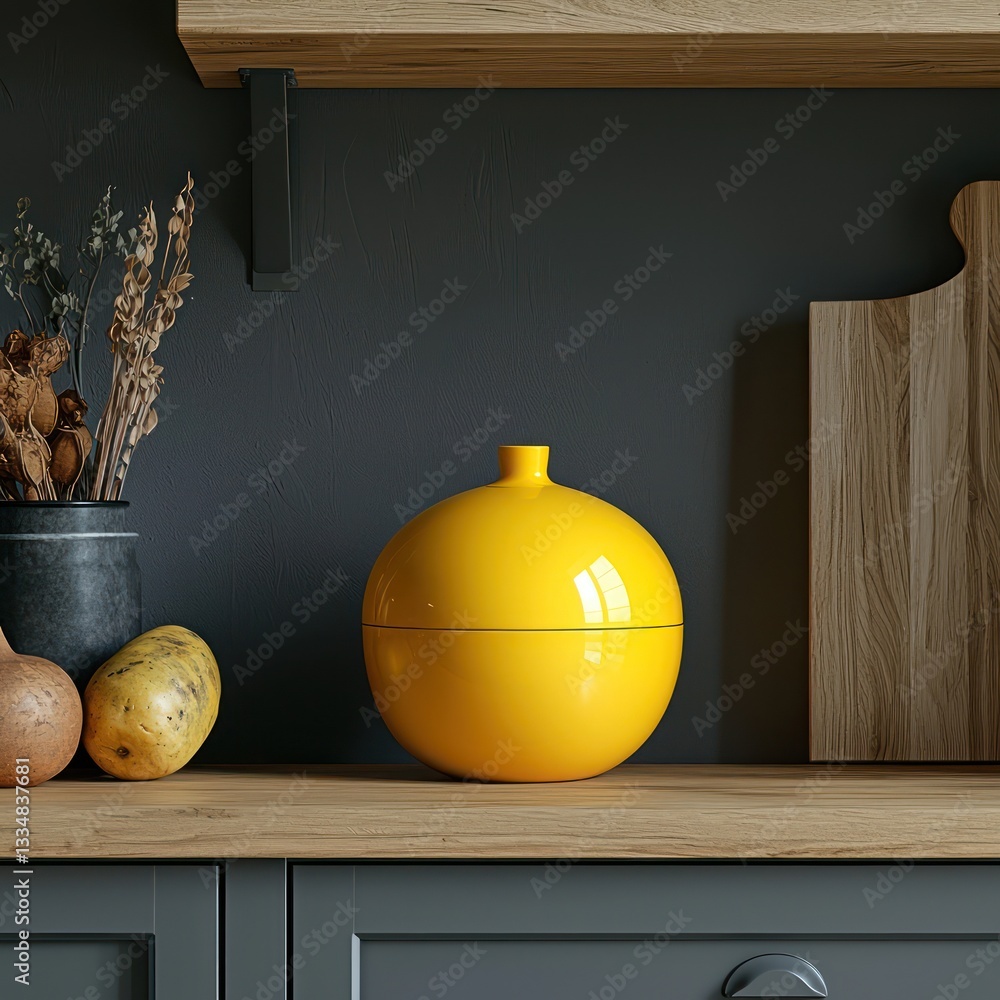 Poster yellow rutabaga-shaped storage container mockup on a pantry shelf for clear visual display.