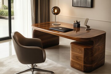 A Sophisticated Walnut Desk, Seamlessly Blending Modern Design With Classic Elegance, Bathed In Soft, Natural Light, Creating A Serene Workspace