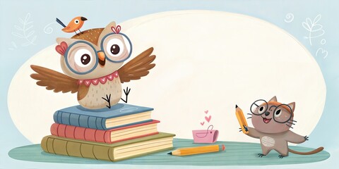 Charming owl and cat friends reading together cozy study room illustrative artwork whimsical environment playful viewpoint engaging concept of bookworm adventures