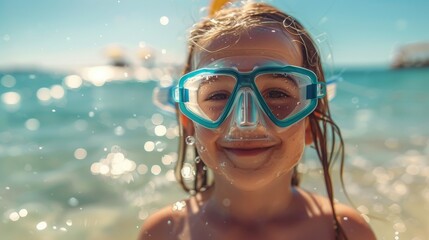 Naklejka premium Young Girl Wearing Protective Mask and Snorkel Gear at Beach Shoreline Playing in Shallow Water
