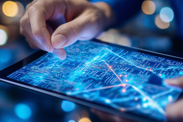 GIS specialist using a tablet with a digital interface overlay showing geospatial data, satellite imagery, technology graphs location analysis, mapping trends, spatial patterns, geographic mapping