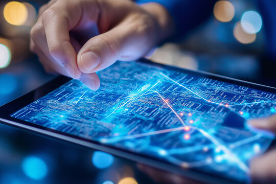GIS specialist using a tablet with a digital interface overlay showing geospatial data, satellite imagery, technology graphs location analysis, mapping trends, spatial patterns, geographic mapping