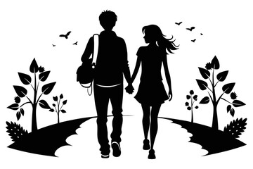 teen romantic couple walking line art silhouette vector illustration
