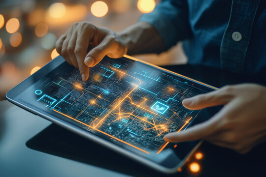 GIS specialist using a tablet with a digital interface overlay showing geospatial data, satellite imagery, technology graphs location analysis, mapping trends, spatial patterns, geographic mapping