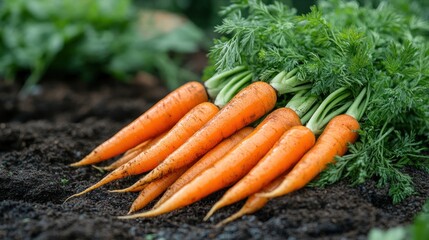Fresh carrots harvested from garden bed, with lush green foliage