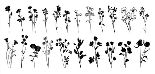 Plant silhouettes decorated with flowers, hand-drawn and isolated for creating stylish seasonal or botanical-inspired visuals.