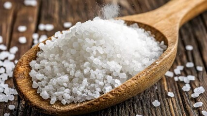 Natural coarse sea salt in a wooden spoon resting on a rustic wooden table - Powered by Adobe