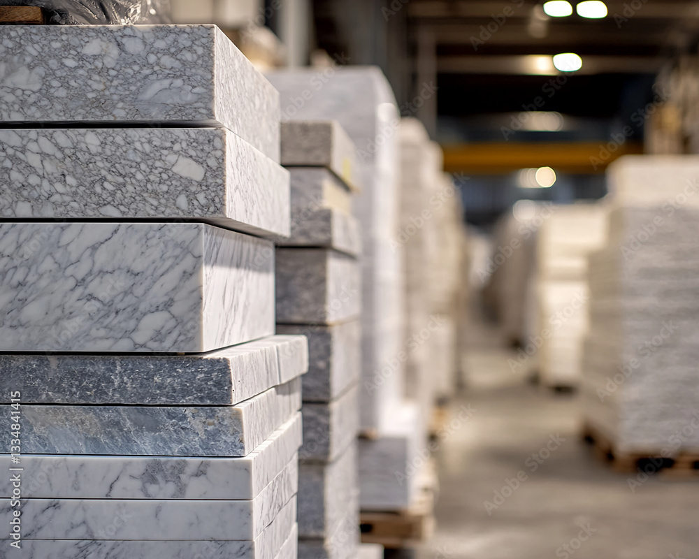 Poster close-up of stacked marble blocks, showcasing a gray and white veined texture warehouse setting sugg