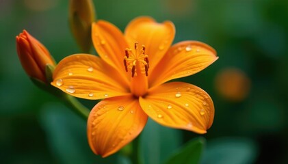 Fototapeta premium delicate orange flower with dew drops on petals, orange, dew, flowers