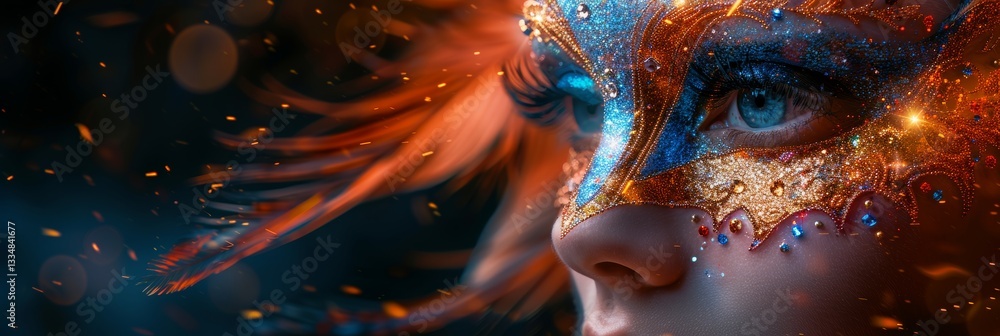 Poster intricate and shimmering mask adorned with vibrant gems and glitter, gracefully covering a face in a