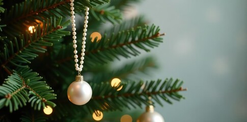 Delicate pearl necklace draped over festive Christmas tree branches, holiday, decoration