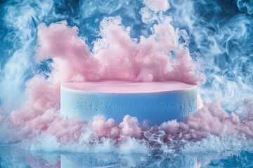 A fluffy pink cloud surrounds a light blue circular base, creating a dreamy, surreal atmosphere with vibrant colors and soft textures.