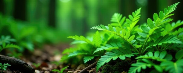 Fototapeta premium Ferns growing in clusters with intricate veins, forest floor, greenery