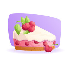 A piece of sponge cake with cream and cherries on a purple background. The concept of pastry shop, baking, holiday. Isolated vector illustration for the design of postcards, banners and posters.