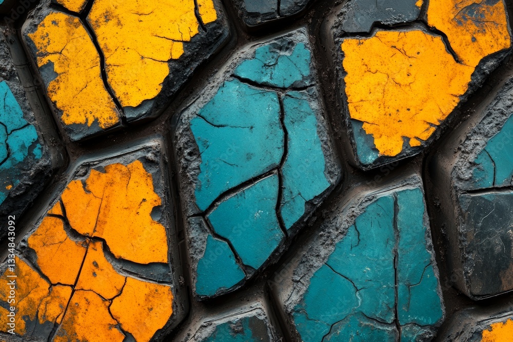 Aufkleber intricate close up texture of weathered and cracked surface with vibrant yellow and blue paint, crea