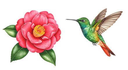 Obraz premium Delicate Watercolor Illustration of a Hummingbird and a Camellia Flower