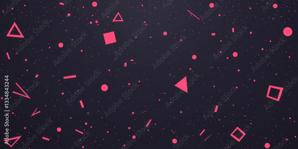 Poster geometric shapes and speckles float against a dark background