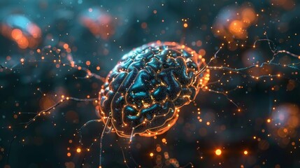 Intricate digital rendering of a human brain showcasing complex neural networks and glowing connections against a dark backdrop, symbolizing artificial intelligence and technological advancement