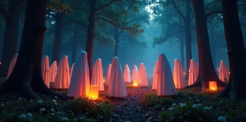 Lanterns illuminate a gathering of ghostly figures in a forest, lanterns, swirling