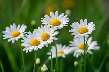 Fototapeta premium White wild daisy flowers on a green background.
