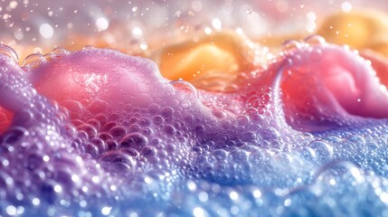 Fototapeta premium Intricate Macro View of Iridescent Bubbles Flowing with Dreamy Pink, Orange and Blue Hues and Sparkling Bokeh Lights