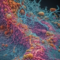 Intricate Microscopic Landscape of Cellular Structures with Vibrant Pink and Orange Clusters Intertwined with Blue Filaments, Revealing Complex Biological Texture