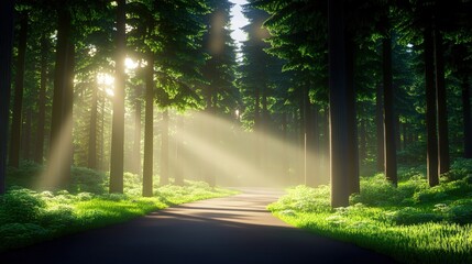 Fototapeta premium A serene forest path illuminated by sunlight, creating a peaceful and enchanting atmosphere with lush greenery surrounding the way.