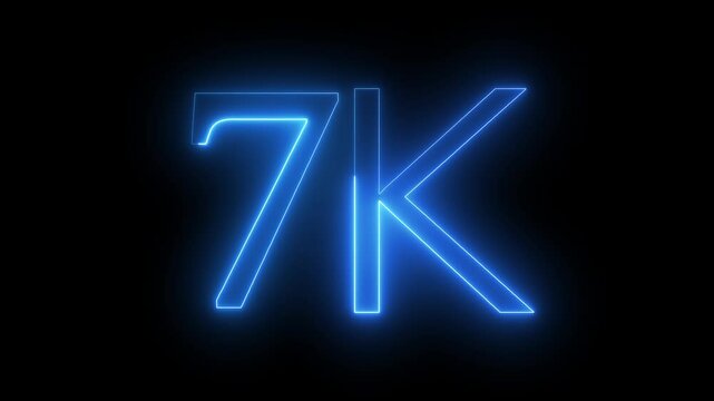 glowing neon 7K text animation on black background. 7k text font, social sites post.