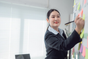 Businesswoman is writing on a whiteboard using sticky notes during a meeting, developing new ideas and strategies for business growth and success