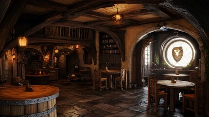 Enchanting Fantasy Elvish Tavern Interior Decorated with Intricate Details and Mysterious Ambiance