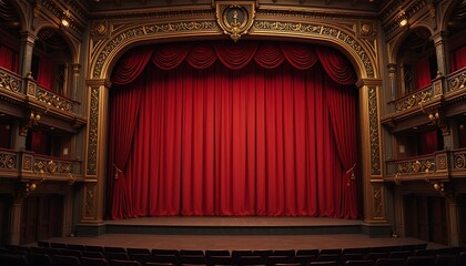 Elegant Theater Stage with Red Curtains and Ornate Golden Details
