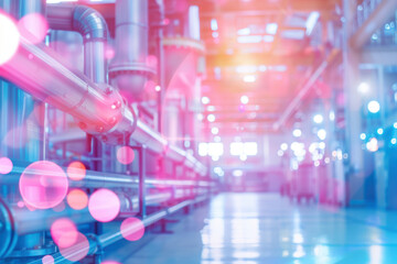 Industrial factory interior with complex metal piping system under bright lights