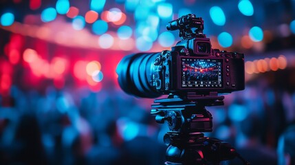 Camera on tripod capturing vibrant concert lights and audience in a lively venue during nighttime performance