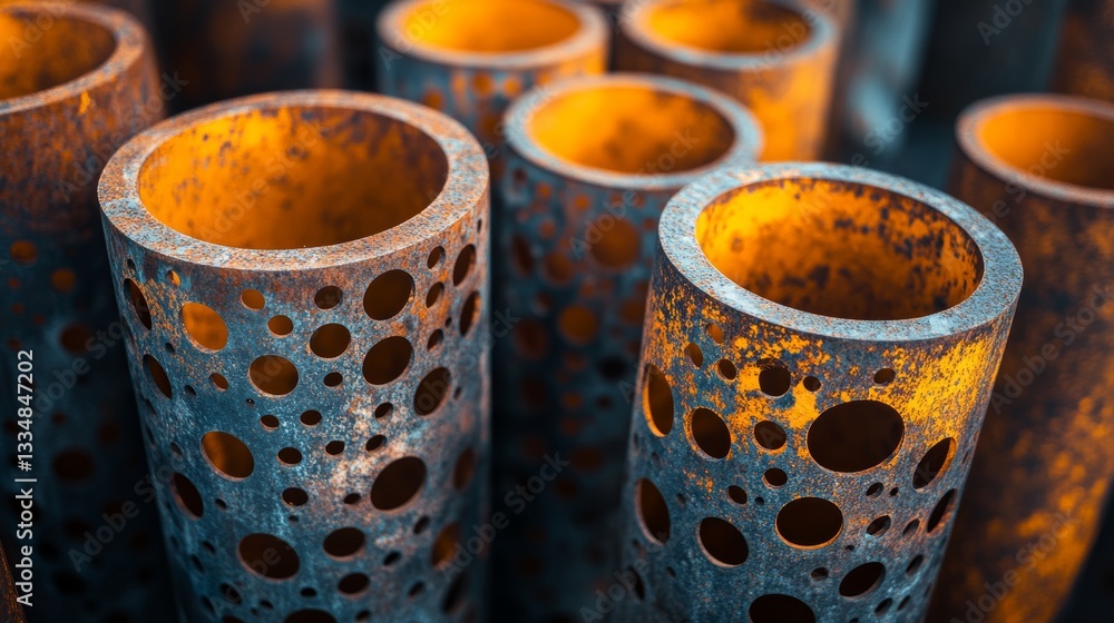 Poster Intriguing close up on a cluster of aged metal pipes, showcasing weathered textures and rust patterns in an industrial abstract composition