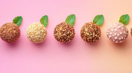 Colorful dessert balls arranged on a pastel background with fresh mint leaves for decoration