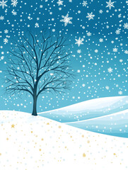 Winter background with snowflakes, a tree, and stars in a blue sky.