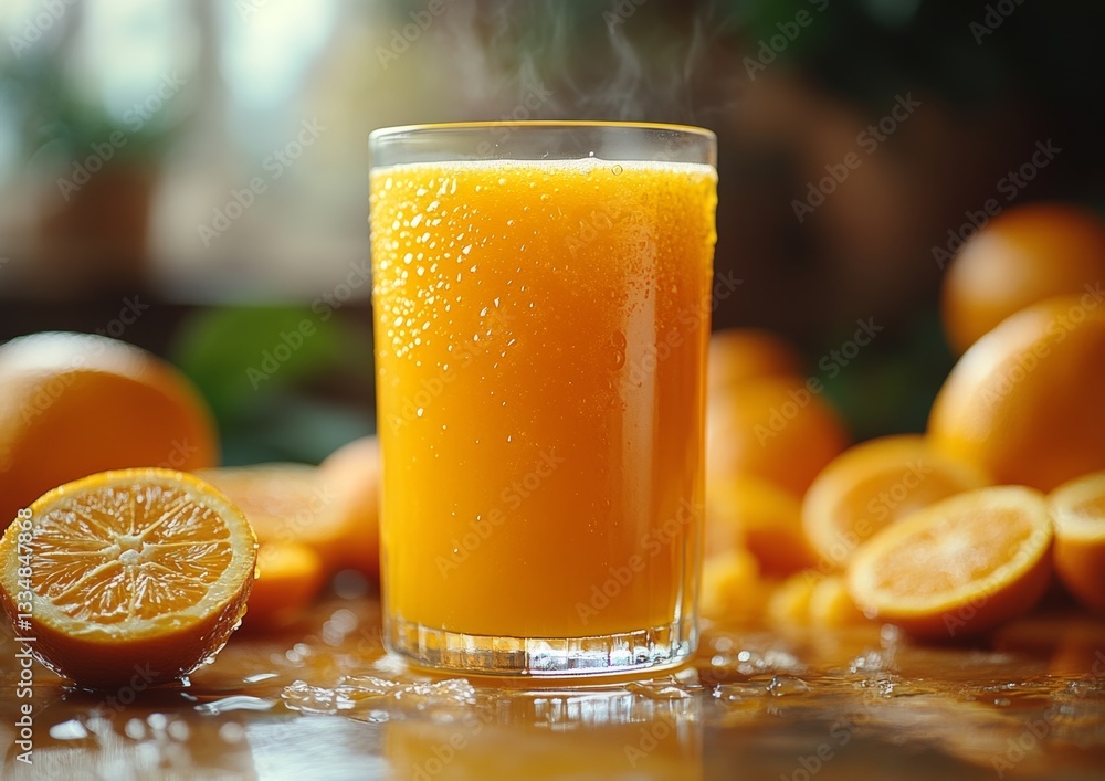 Poster invigorating glass of freshly squeezed orange juice with condensation, surrounded by vibrant oranges