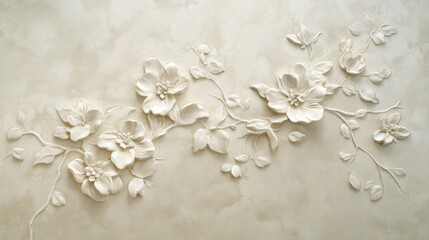 Elegant 3D floral wall decor with creamy white flowers and leaves on a textured beige background.