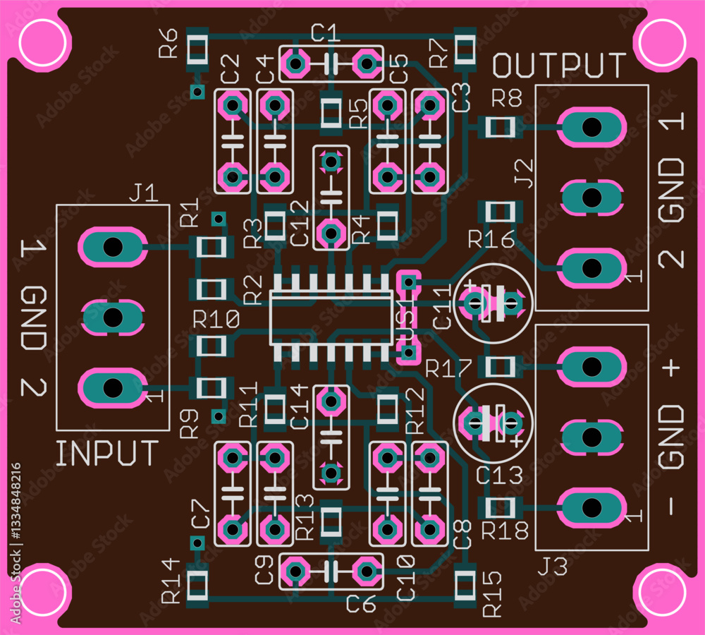 Poster vector printed circuit board of electronic device with components of radio elements, conductors and 