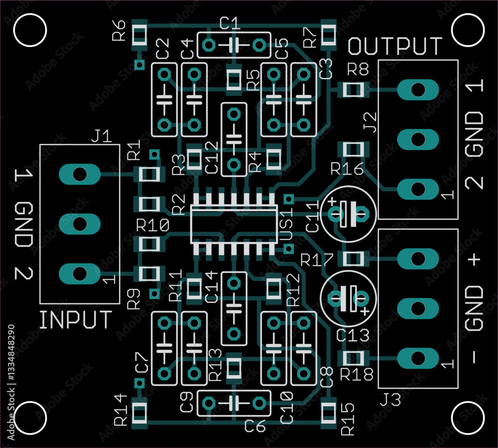 Poster vector printed circuit board of electronic device with components of radio elements, conductors and 