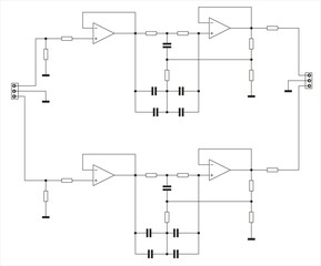 Schematic diagram of electronic device on white sheet of paper. Vector drawing electrical circuit with  
capacitor, resistor, operational amplifier or logic element of integrated circuit, other.