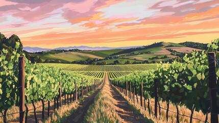 Fototapeta premium Serene Vineyard Sunset Rows of Grapevines at Golden Hour