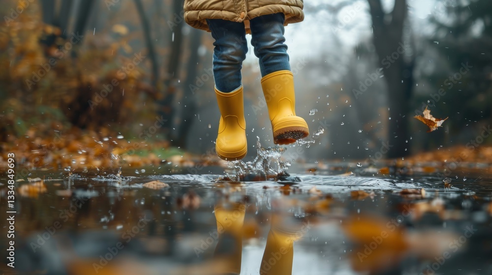 Poster joyful child in yellow rain boots splashing in a puddle on an overcast autumn day in a park setting.